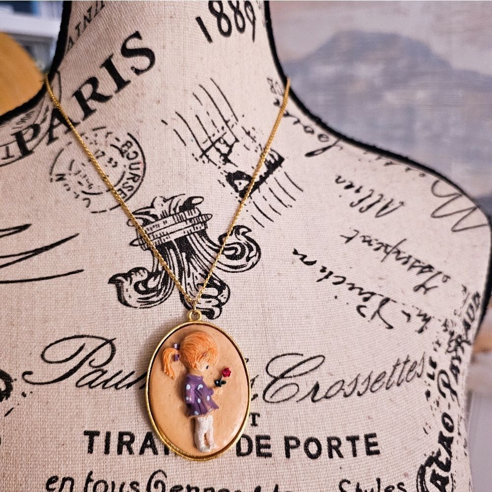 Vtg 70's Fran Mar Moppet Hand Painted Large Pendant Charm Necklace.